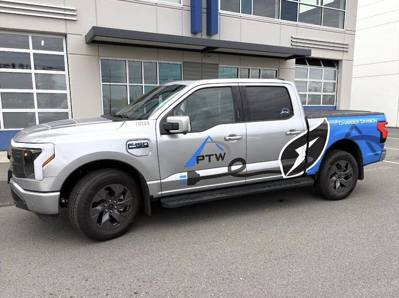 Custom blue and white fleet truck wrap