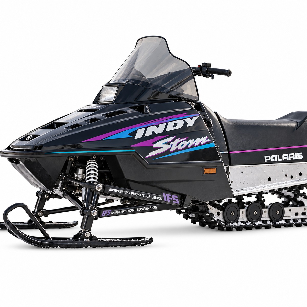 1993 Polaris Indy Storm Trailing Arm Set shown installed on a vintage snowmobile against a plain white background