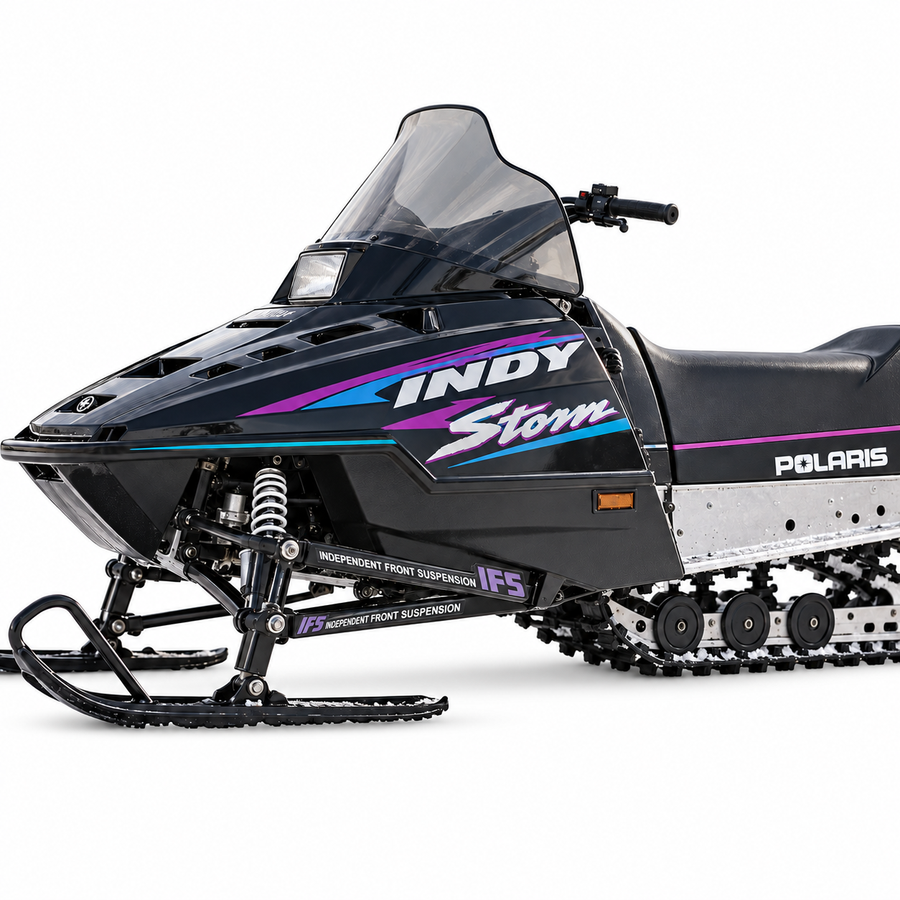 1993 Polaris Indy Storm Trailing Arm Set shown installed on a vintage snowmobile against a plain white background