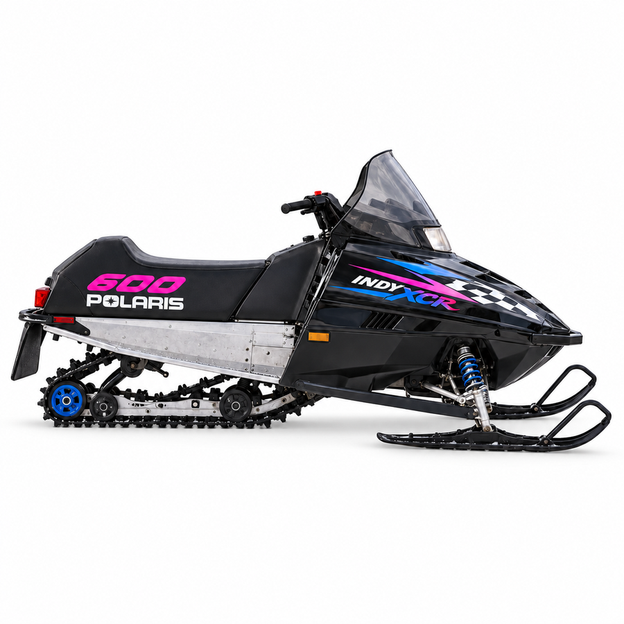 1996 XCR 600 Seat Decal set shown installed on a vintage snowmobile against a plain white background