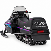 Polaris Seat Flap (Flags) shown installed on a vintage snowmobile against a plain white background