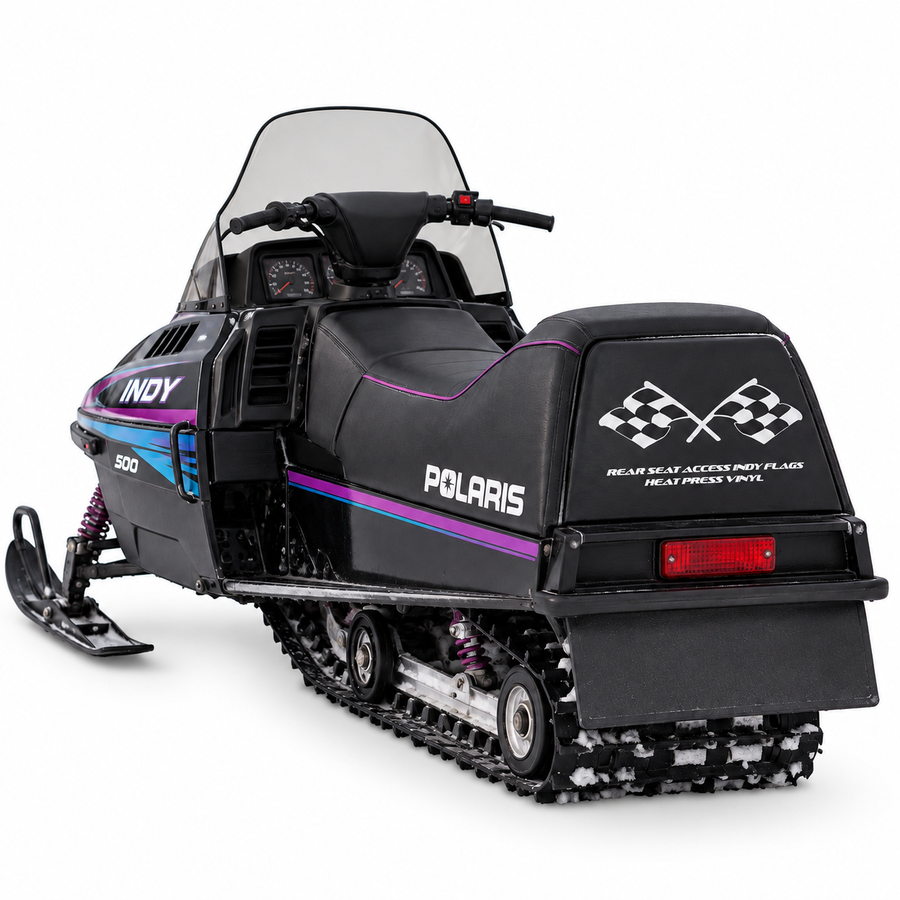Polaris Seat Flap (Flags) shown installed on a vintage snowmobile against a plain white background