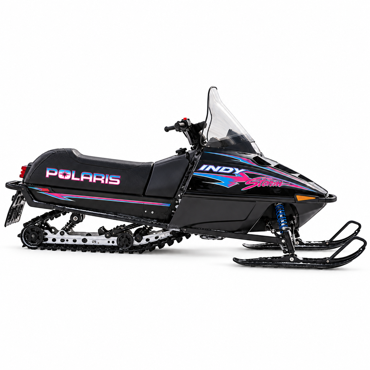 Polaris Storm Seat Decals Set shown installed on a vintage snowmobile against a plain white background
