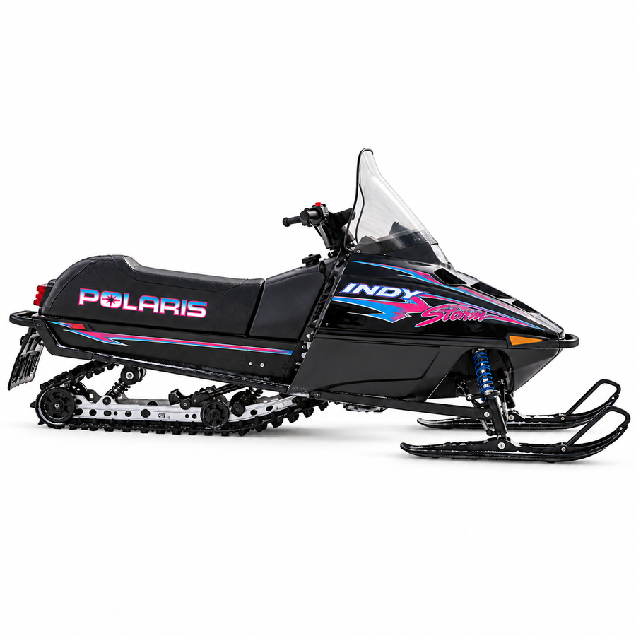 Polaris Storm Seat Decals Set shown installed on a vintage snowmobile against a plain white background