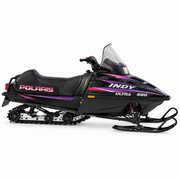 Polaris Ultra Seat Decal Set shown installed on a vintage snowmobile against a plain white background