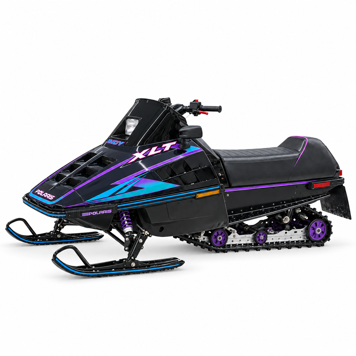 Pre-Order Polaris XLT Decal Package shown installed on a vintage snowmobile against a plain white background
