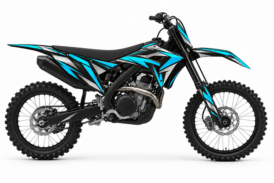 Vector cyan and silver graphic concept on illustrative black Honda bike, left side