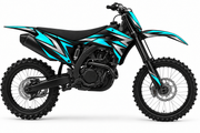 Vector cyan and silver graphic concept on illustrative black Kawasaki bike, left side