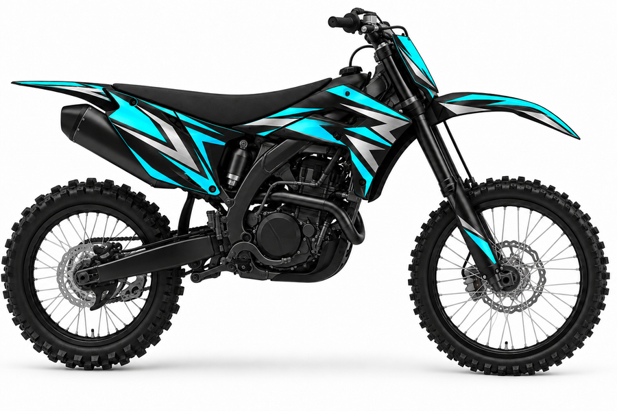 Vector cyan and silver graphic concept on illustrative black Kawasaki bike, left side