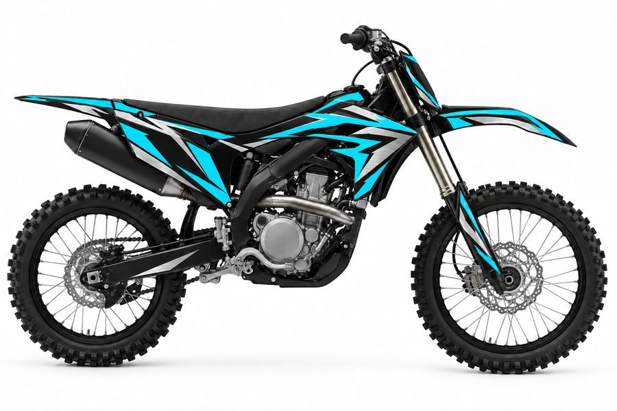 Vector cyan and silver graphic concept on illustrative black Yamaha bike, left side