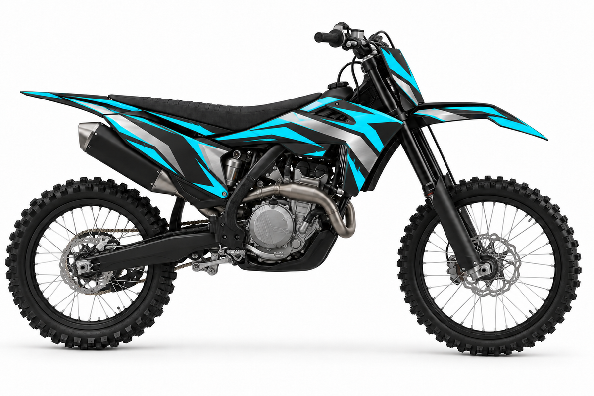 Vector cyan and silver graphic concept on illustrative black KTM bike, left side
