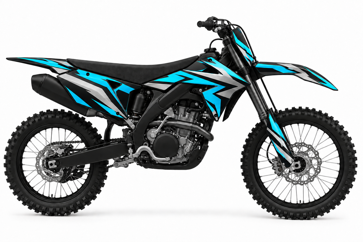 Vector cyan and silver graphic concept on illustrative black Suzuki bike, left side