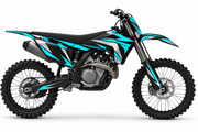 Vector cyan and silver graphic concept on illustrative black Husqvarna bike, left side