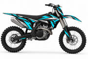 Vector cyan and silver graphic concept on illustrative black GasGas bike, left side
