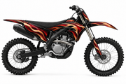 Ember crimson and copper graphic concept on illustrative black Yamaha bike, left side