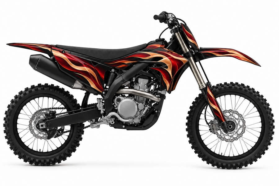 Ember crimson and copper graphic concept on illustrative black Yamaha bike, left side