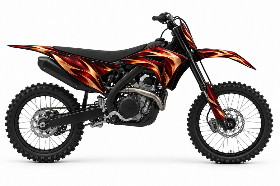 Ember crimson and copper graphic concept on illustrative black Honda bike, left side