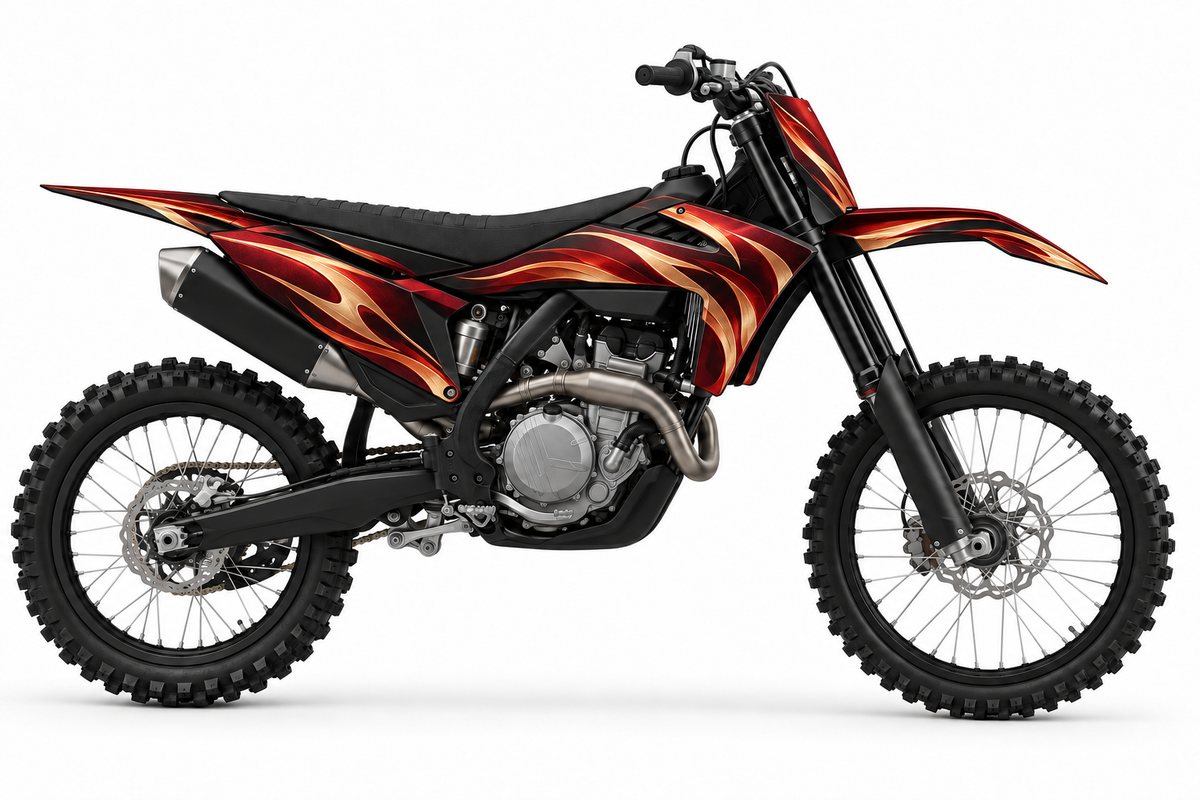 Ember crimson and copper graphic concept on illustrative black KTM bike, left side