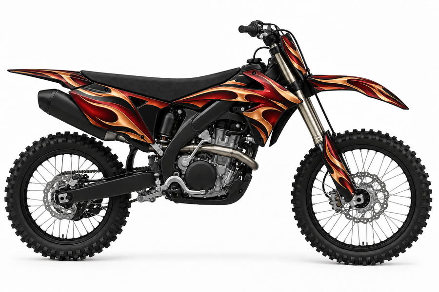 Ember crimson and copper graphic concept on illustrative black Suzuki bike, left side