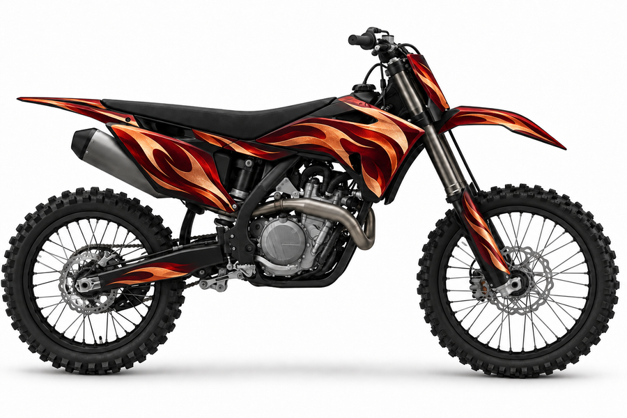 Ember crimson and copper graphic concept on illustrative black Husqvarna bike, left side