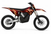 Ember crimson and copper graphic concept on illustrative black Stark Varg bike, left side