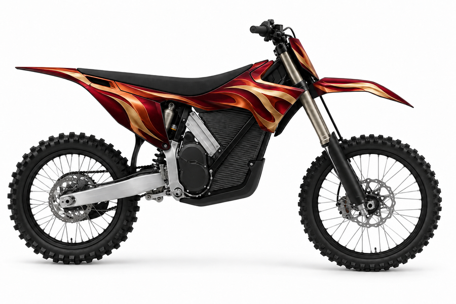 Ember crimson and copper graphic concept on illustrative black Stark Varg bike, left side