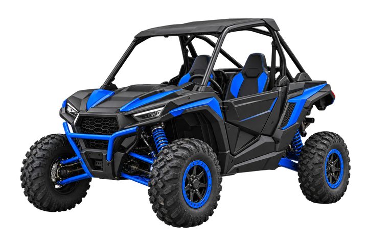 Blue and graphite side-by-side UTV viewed from the front side